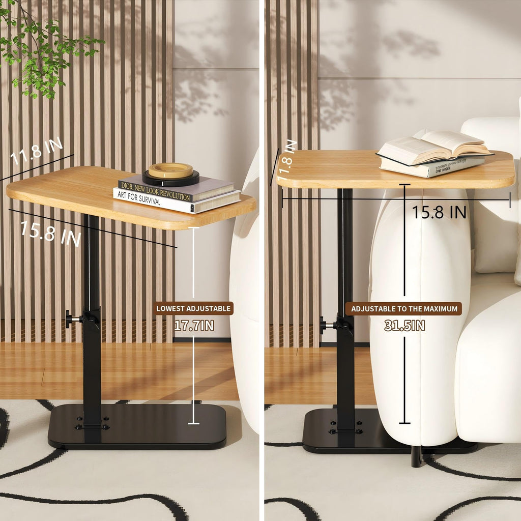 Botion Adjustable Height C-Shaped Table, 360° Swivel TV Tray, TV Tray for Couch, Bedside and Living Room, Couch Table with Metal Pillar(Nature)