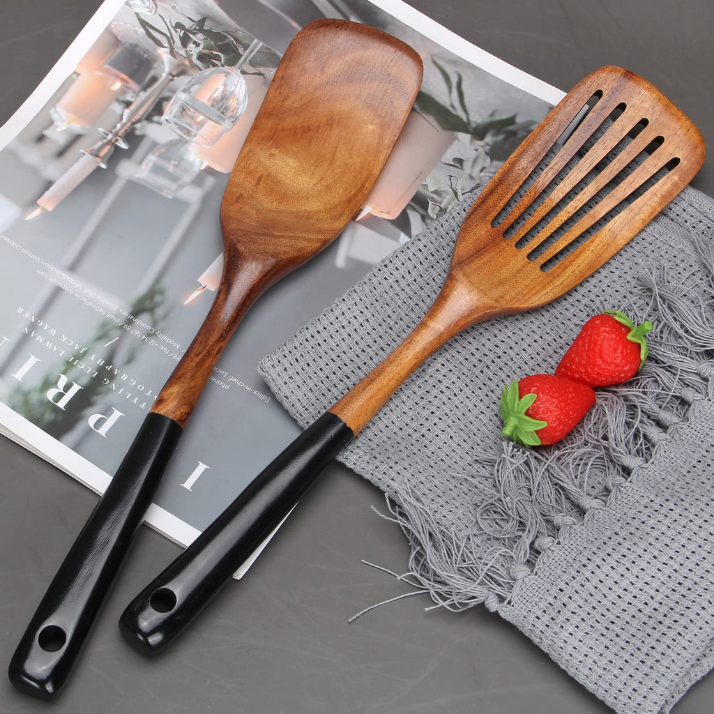 2 Pcs Wooden Spatula Set for Cooking Non Toxic Teak Kitchen Utensils Slotted Pancake Turner Flat Wood Wok Spatulas Bamboo Spoon for Cooking Utensil Set Spurtle Scraper Black Fish Egg Flipper Spatula