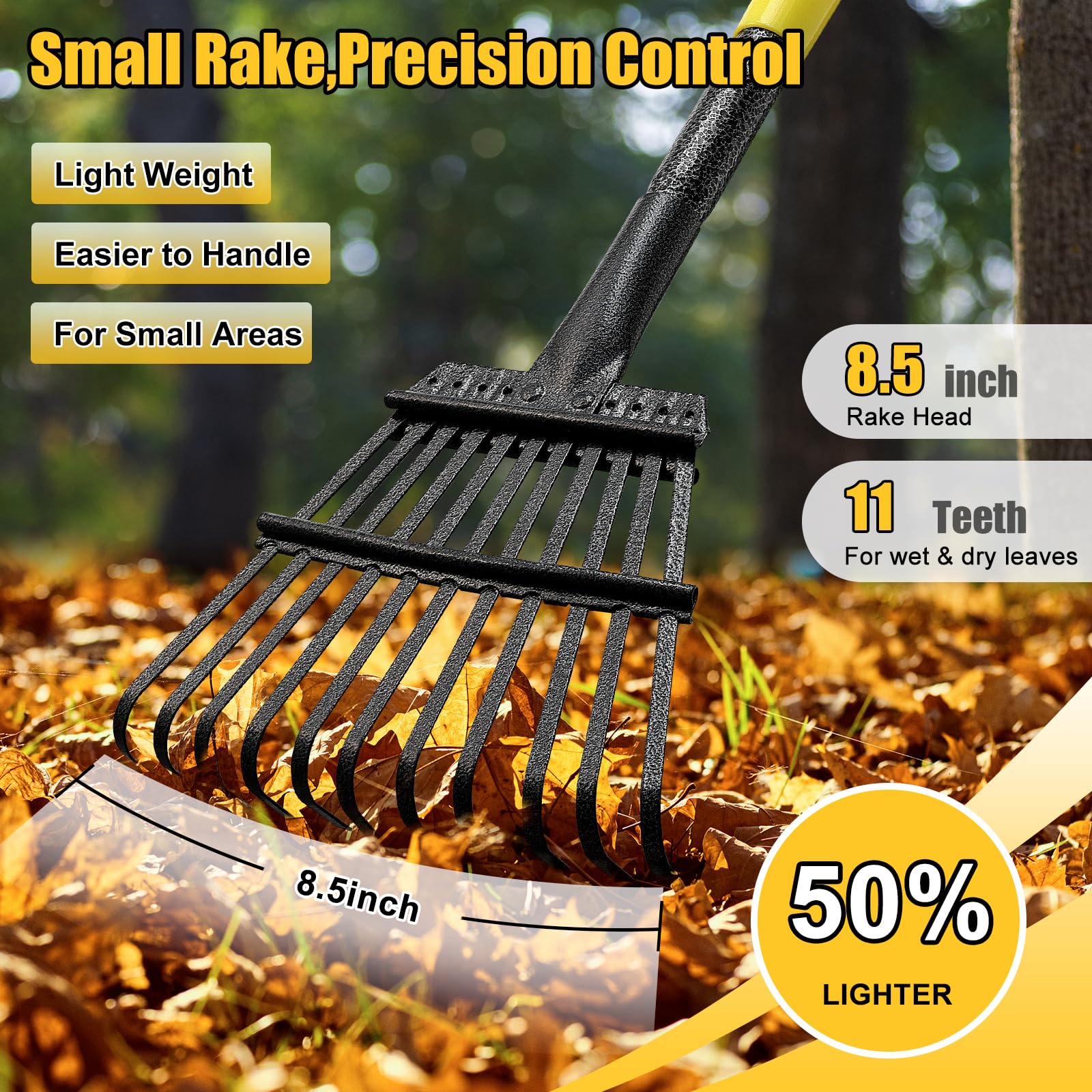 Garden Leaves Rake - 73 Inch Heavy Duty Small Shrub Rake - 11 Metal Tines - 8.5 inch Wide, Adjustable Handle,Garden Leaf Rakes for Collecting Debris Among Flower Beds, Delicate Plants, Lawns ,Yard