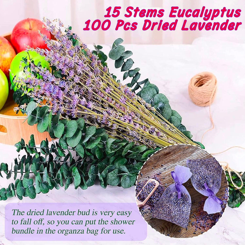 115 Pcs Dried Preserved Eucalyptus Stems & Lavender Flowers Bundles for Shower, 17'' Natural Real Live Eucalyptus Leaves Greenery Hanging Lavender Shower Plant, Fragrance, Decor