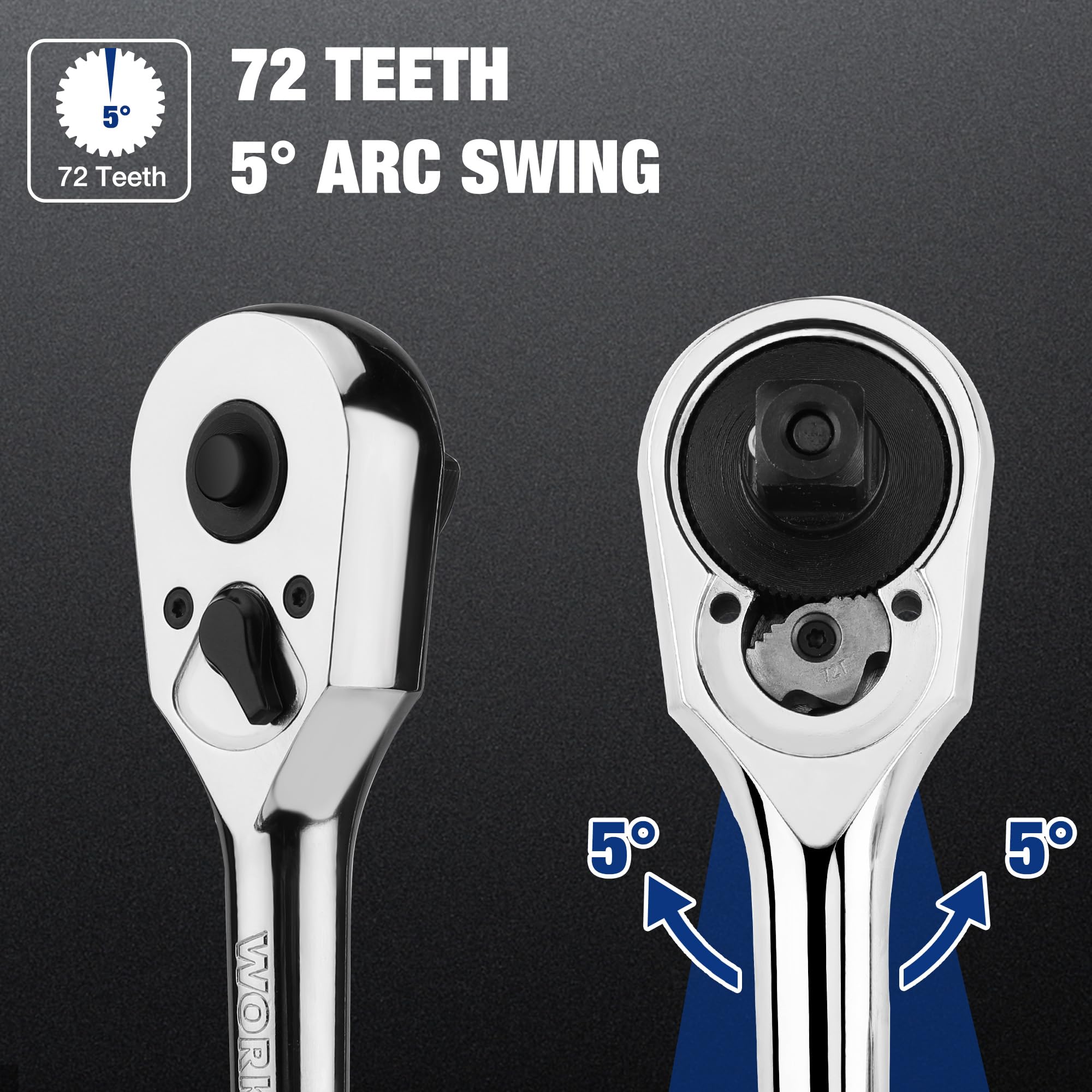 WORKPRO 3/8-Inch Drive Ratchet, Quick-Release Reversible Ratchet Wrench, 72-Tooth 3/8 Drive Ratchet Handle, Chrome Alloy Made, Cr-Mo Head, Full Polished
