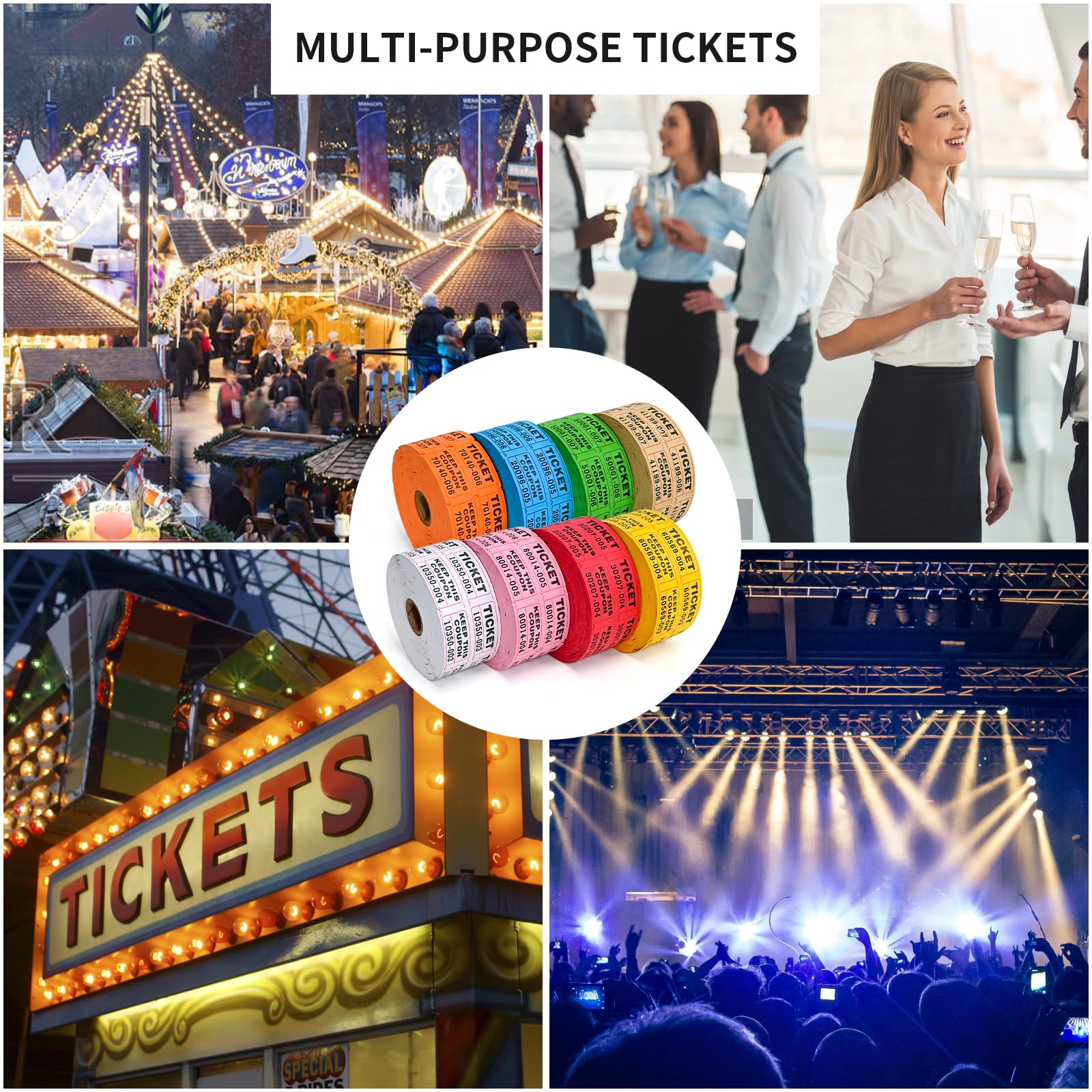 L LIKED 8000 Assorted Raffle Tickets with Consecutive Serial Numbers, 8 Rolls of 1000, 50/50 Raffle Tickets Double Roll for Events (Orange, Blue, Green, Brown, White, Pink, Red, Yellow)