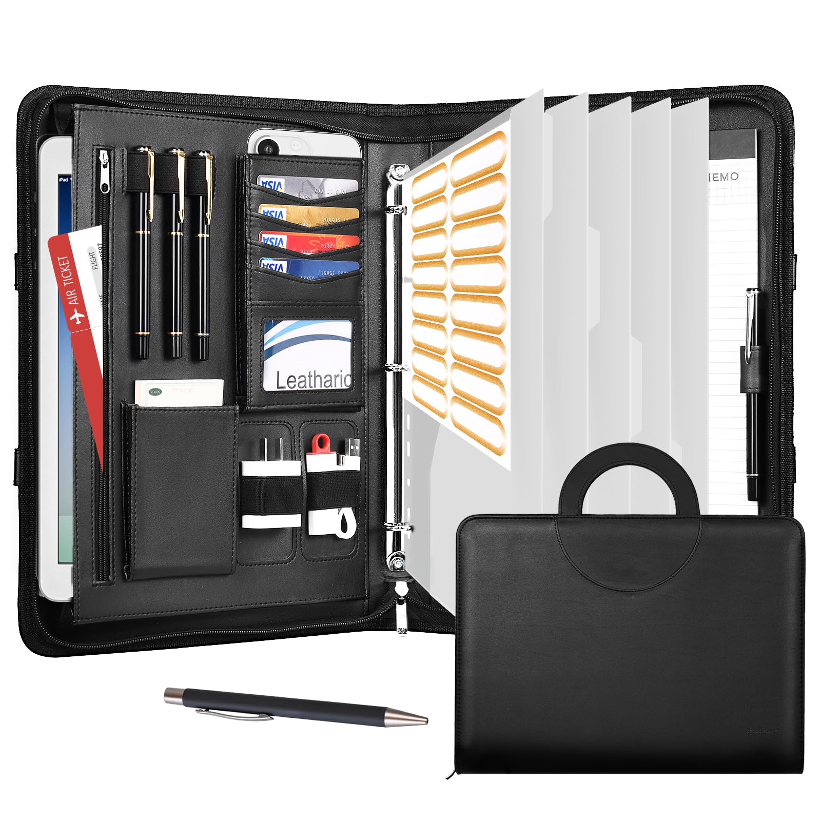 Leathario Portfolio, Vegan Leather A4 Padfolio with Handle, 3-Ring Zipper Binder, Includes 5 5-Tap Binder Dividers, Multi-Pocket Business Folder for Tablets, Files and Notepads, Office Supplies