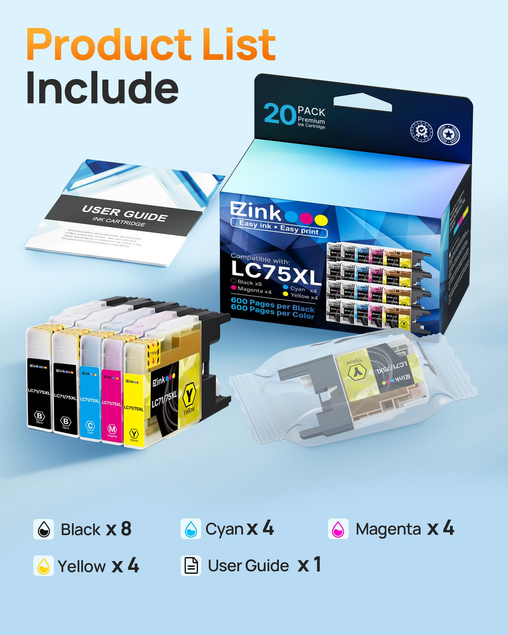 20 Pack E-Z Ink LC75XL Ink Cartridges Compatible for Brother LC75 Ink Cartridge LC 75 LC71 LC79 XL to Use with Brother MFC-J430W MFC-J6510DW MFC-J6710DW (8 Black, 4 Cyan, 4 Magenta, 4 Yellow)
