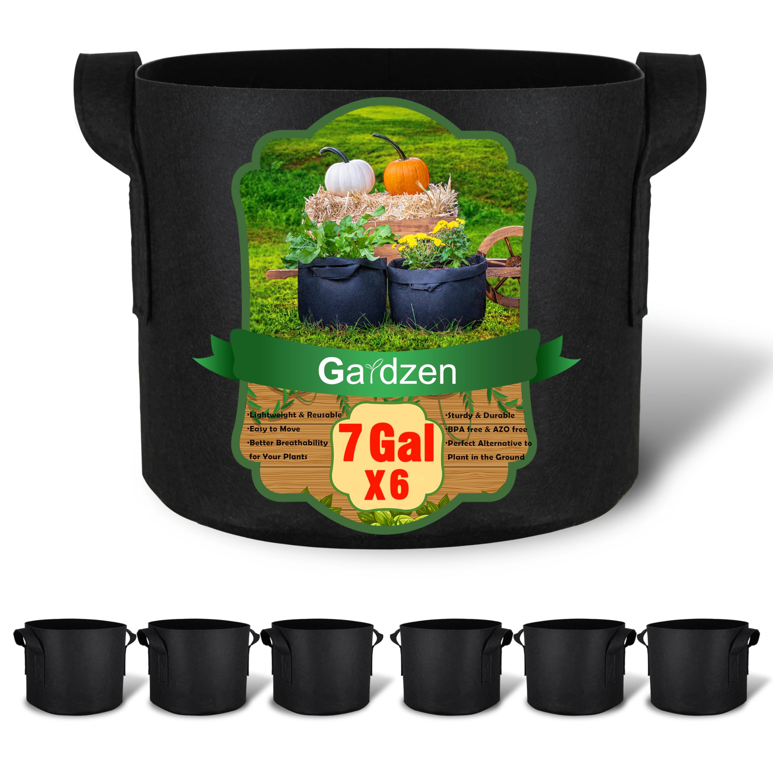 Gardzen 6-Pack 7 Gallon Grow Bags, Aeration Fabric Pots with Handles