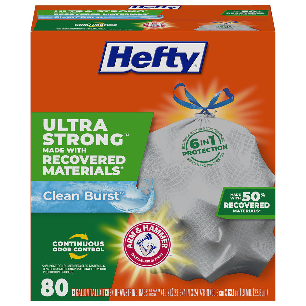 Hefty Ultra Strong Renew Tall Kitchen Trash Bags, White, Clean Burst Scent, 13 Gallon, 80 Count