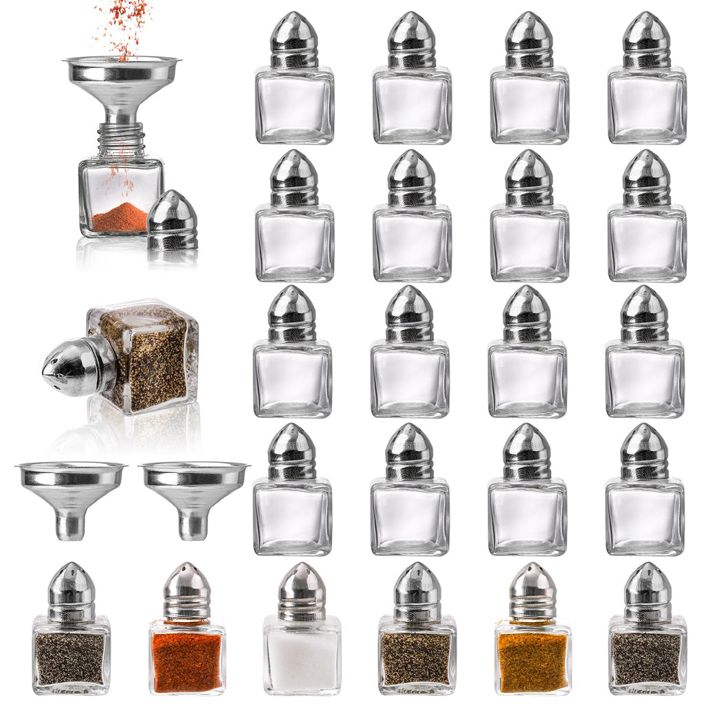 ZEAYEA Set of 24 Small Salt and Pepper Shakers, 0.5 oz Mini Glass Seasoning Jars with Funnel, Glass Cube Body Spice Shakers for Wedding, Party, Restaurant, Home Kitchen Supplies