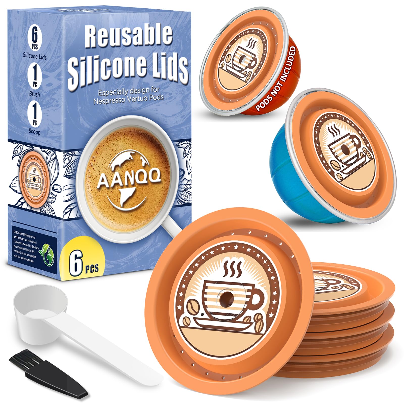 Reusable Lids for Nespresso Pods Vertuo, 6pcs Food Grade Silicone Caps for Any Sizes of Reusable Nespresso Vertuo Pod Refillable Vertuo Capsule (6pcs Silicone Lids-No Capsule)