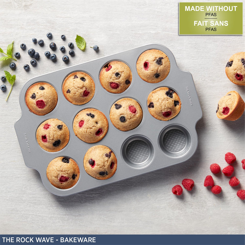 Starfrit The Rock Wave 12 Cup Non-Stick Muffin Pan - Durable Carbon Steel - Oven Safe - PFOA Free - Easy to Clean - Silver