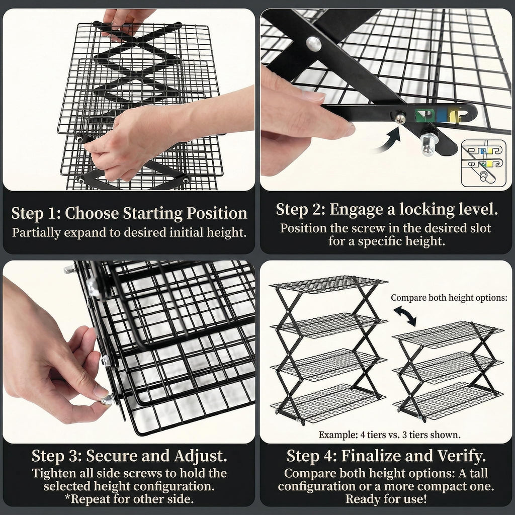 SCDGRW 4-Tier Collapsible Baking Cooling Rack, Small Grid Wire with 3 Adjustable Modes, Non-Stick Heavy Duty Wire Cooling Rack for Roasting, Cooking, Drying