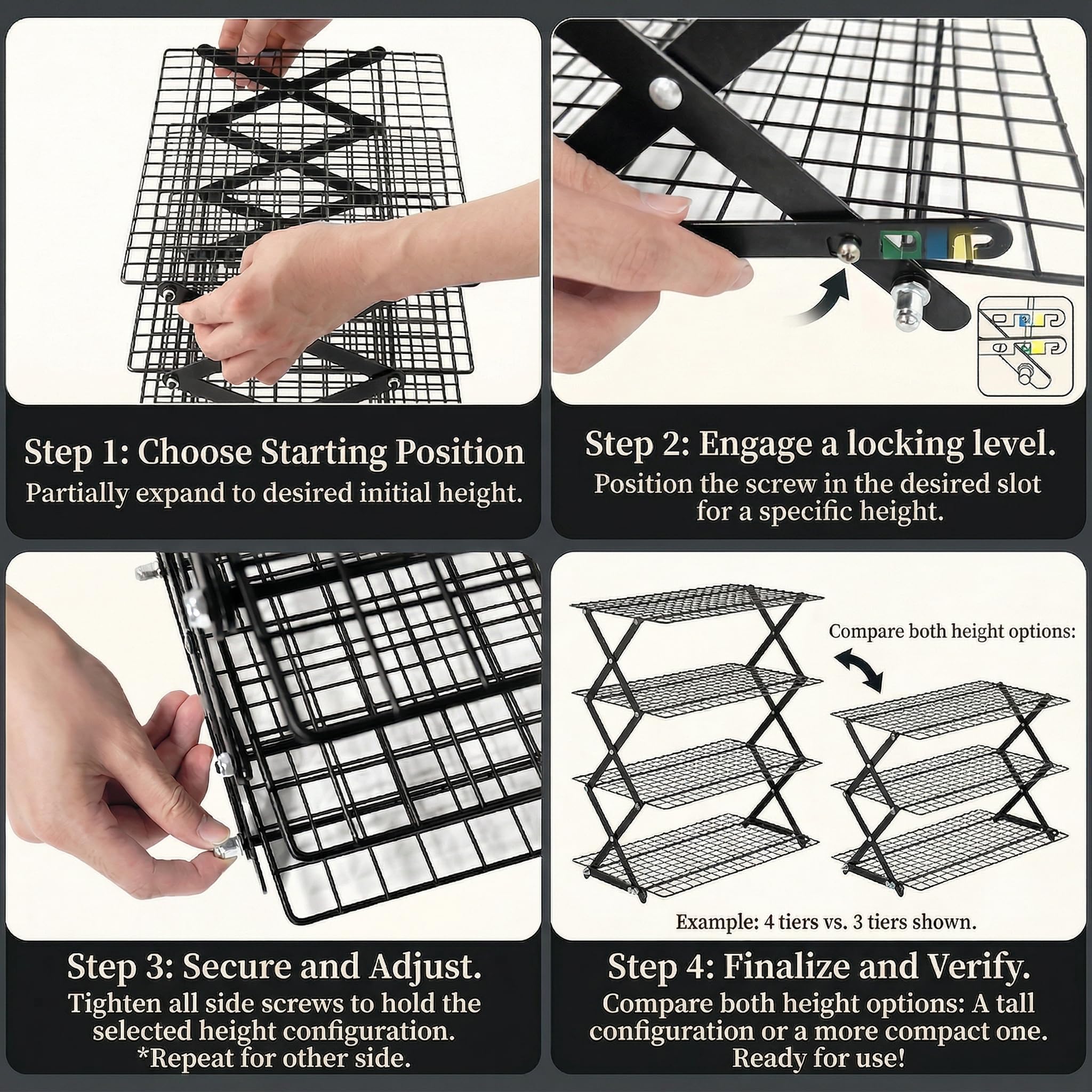 SCDGRW 4-Tier Collapsible Baking Cooling Rack, Small Grid Wire with 3 Adjustable Modes, Non-Stick Heavy Duty Wire Cooling Rack for Roasting, Cooking, Drying
