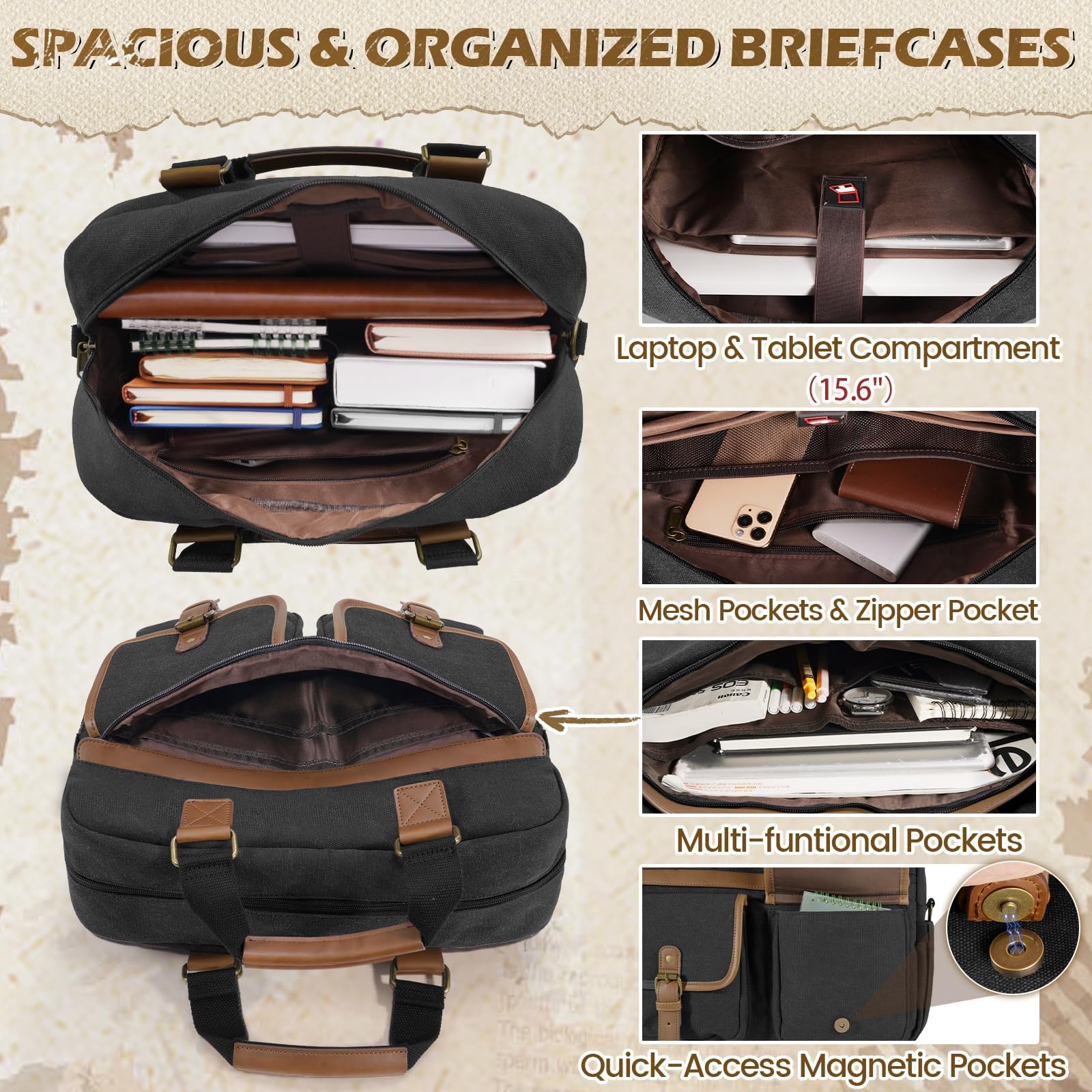 RAINSMORE Messenger Bag for Men 15.6 Inch Laptop Bag Canvas Water-Repellent Computer Bag Casual Office Work Briefcase Fashion Crossbody Shoulder Handbag