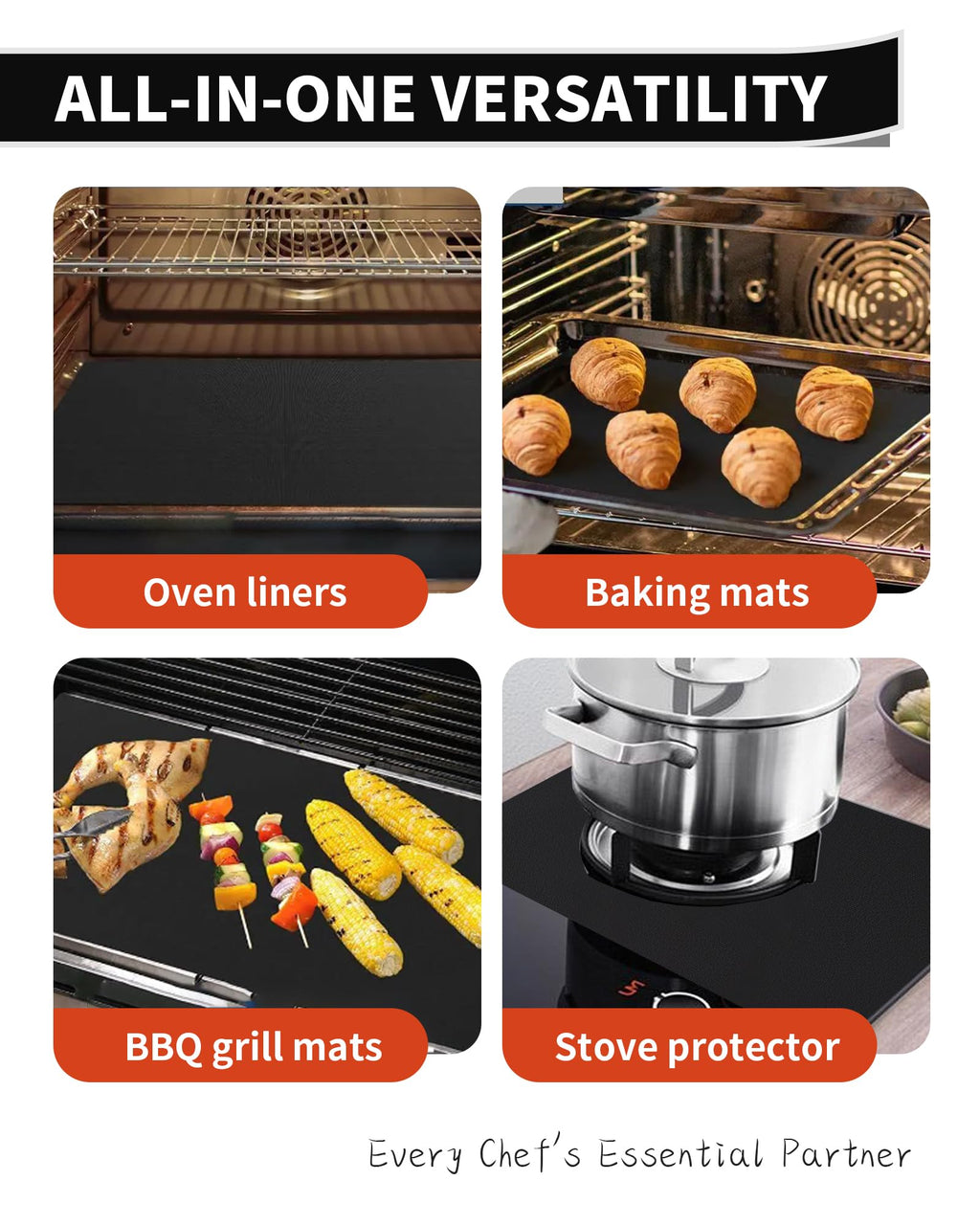 4 Pack Oven Liners for Bottom of Oven, 17x25 Large Heavy Duty Non-Stick Reusable Oven Mat for Electric, Gas, Toaster & Convection Ovens - BPA & PFOA Free, Dishwasher Safe, Kitchen Essentials,Black