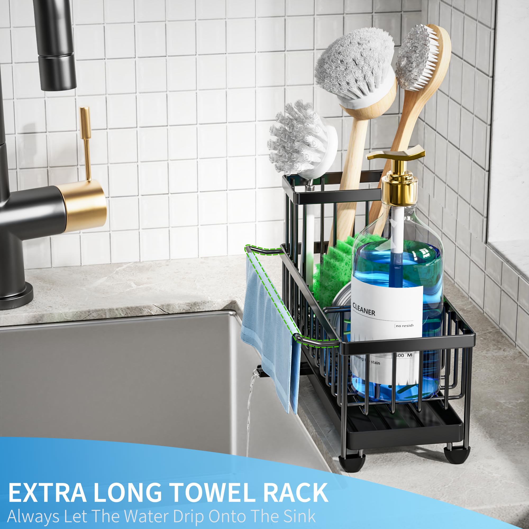 Cisily Sponge Holder for Kitchen Sink, Sink Caddy with High Brush Holder, Organzier Rustproof 304 Stainless Steel Dish Organizer Divider, Soap Dispenser Storage (Black with Towel Rack)