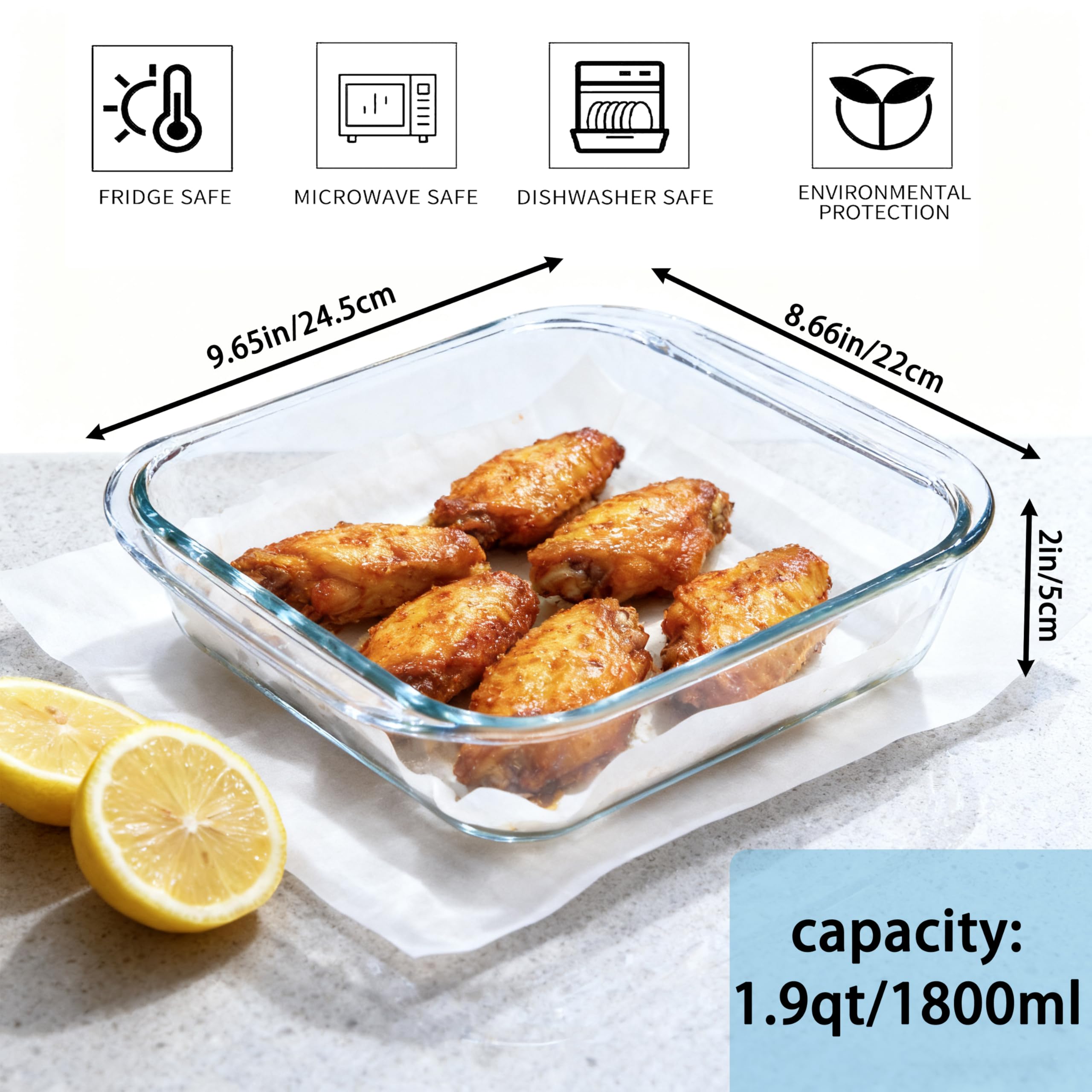 Vitrignis Glass Baking Dish - 1.9qt Square 8x8 Baking Pan - Glass Baking Dishes For Oven