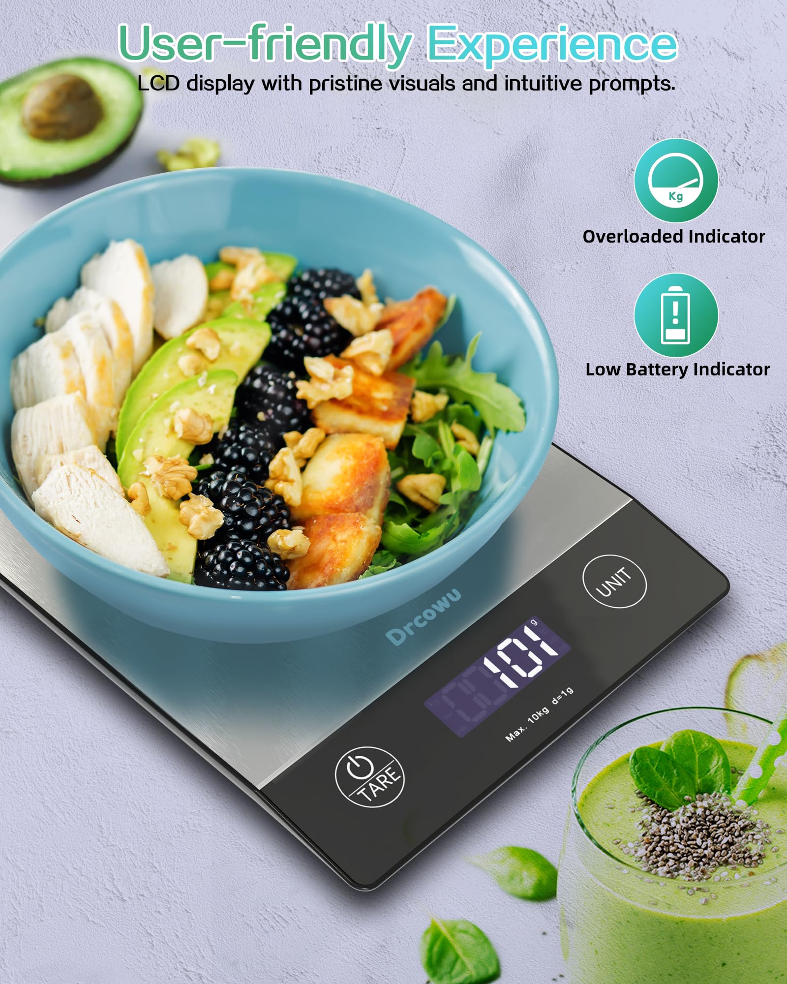Drcowu Large Display Food Kitchen Scale, 10kg Digital Scales for Baking, Cooking, Keto and Meal Prep, Balance Alimentaire, Food Weight Scale with 1g Accuracy and LCD Backlit, Easy to Read, Gram and Oz