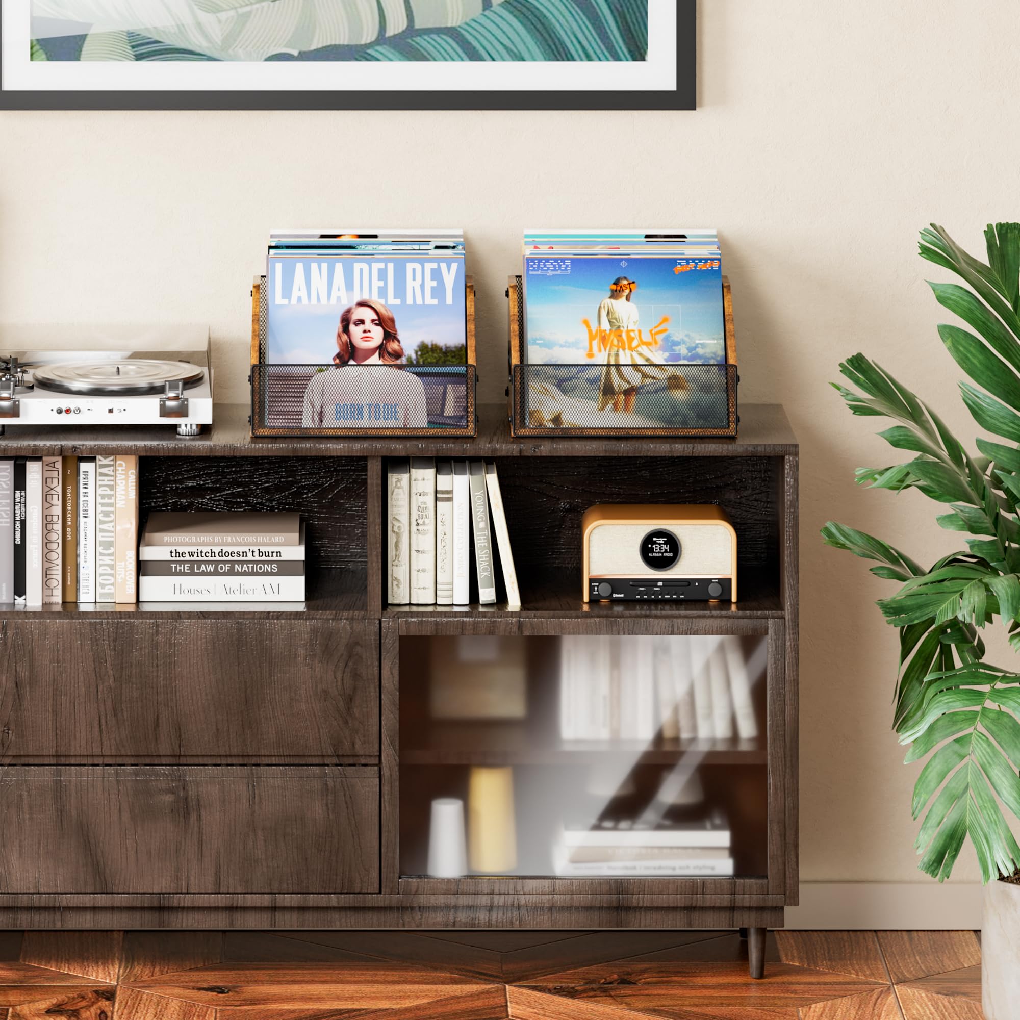 Dunatou Vinyl Record Storage Crate, Wooden Record Holder for LP Albums, Holds 40 Records, Fits 7" 8" 10" 12", Vintage Design with Dual Handle, Rustic Brown