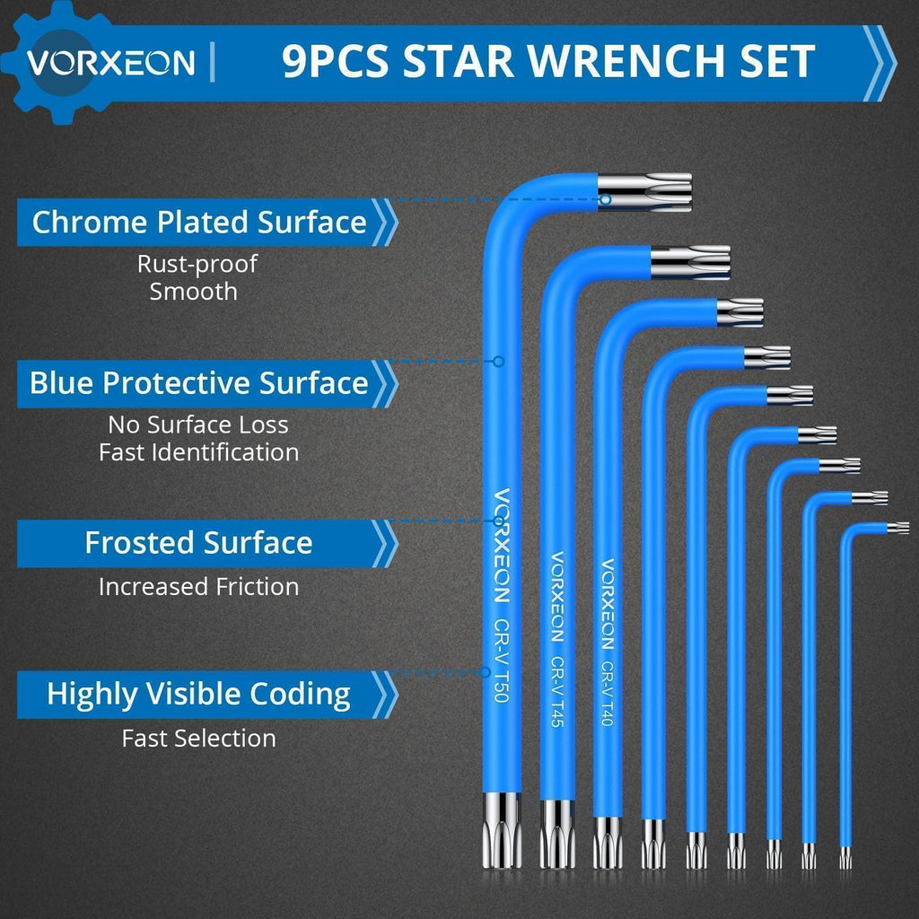 VORXEON Star Torx Wrench Key Set T10-T50 Torx Wrench, Metric Long Arm Star Key Set L-Key with Visible Coding for Bike Motorcycle Repair Furniture Assembly Household DIY, 9-Piece Set