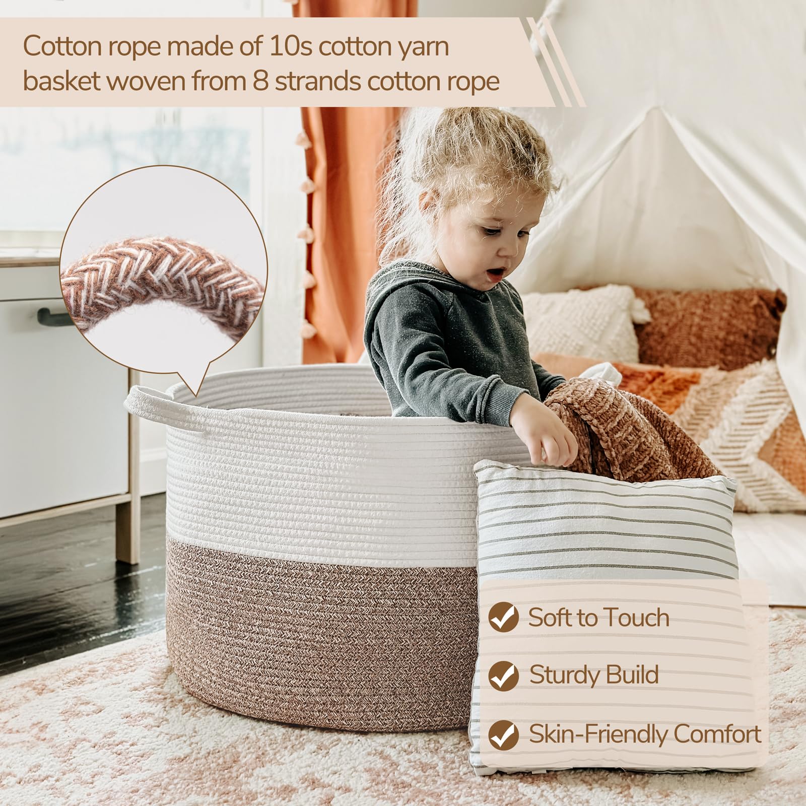 INDRESSME XXXLarge Cotton Rope Basket 21.7" x 21.7" x 13.8" Woven Baby Laundry Basket for Blankets Toys Storage Basket with Handle Comforter Cushions Storage Bins Thread Laundry Hamper