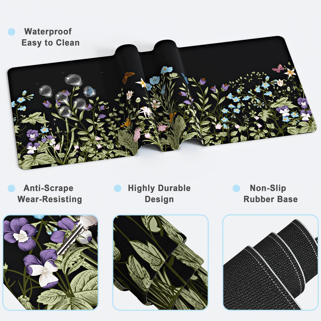 4 in 1 Extended Mouse Pad Set with Memory Foam Keyboard Wrist Rest, Mouse Wrist Cushion & Cute Coaster, Ergonomic Large Desk Pad for Home Office & Gaming (Wild Flowers)