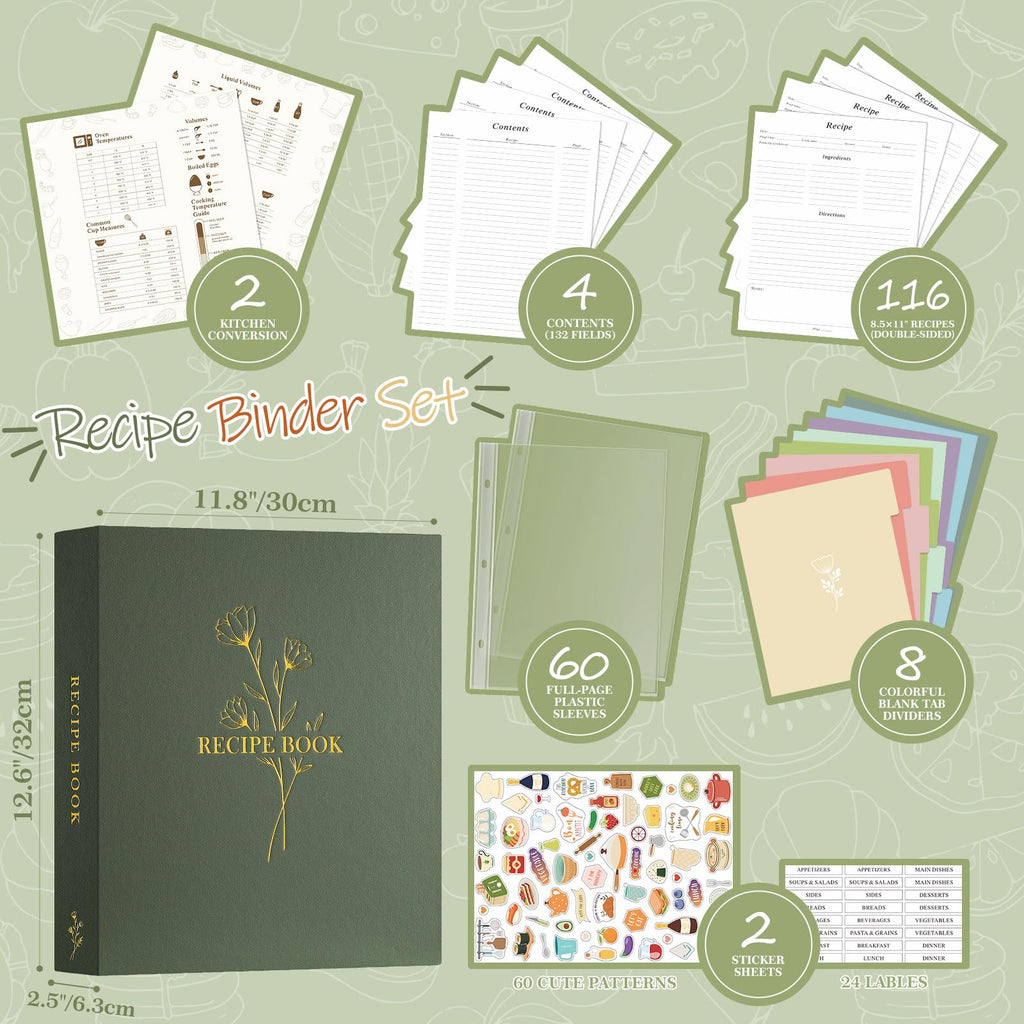 Lanpn Recipe Binder 8.5x11 3 Ring Kit, Waterproof Recipe Book Organizer Binder with 60 Plastic Sleeves,116 Recipes, Dividers,Labels & Stickers, Blank Recipe Binder to Write in Your Own Recipes, Green