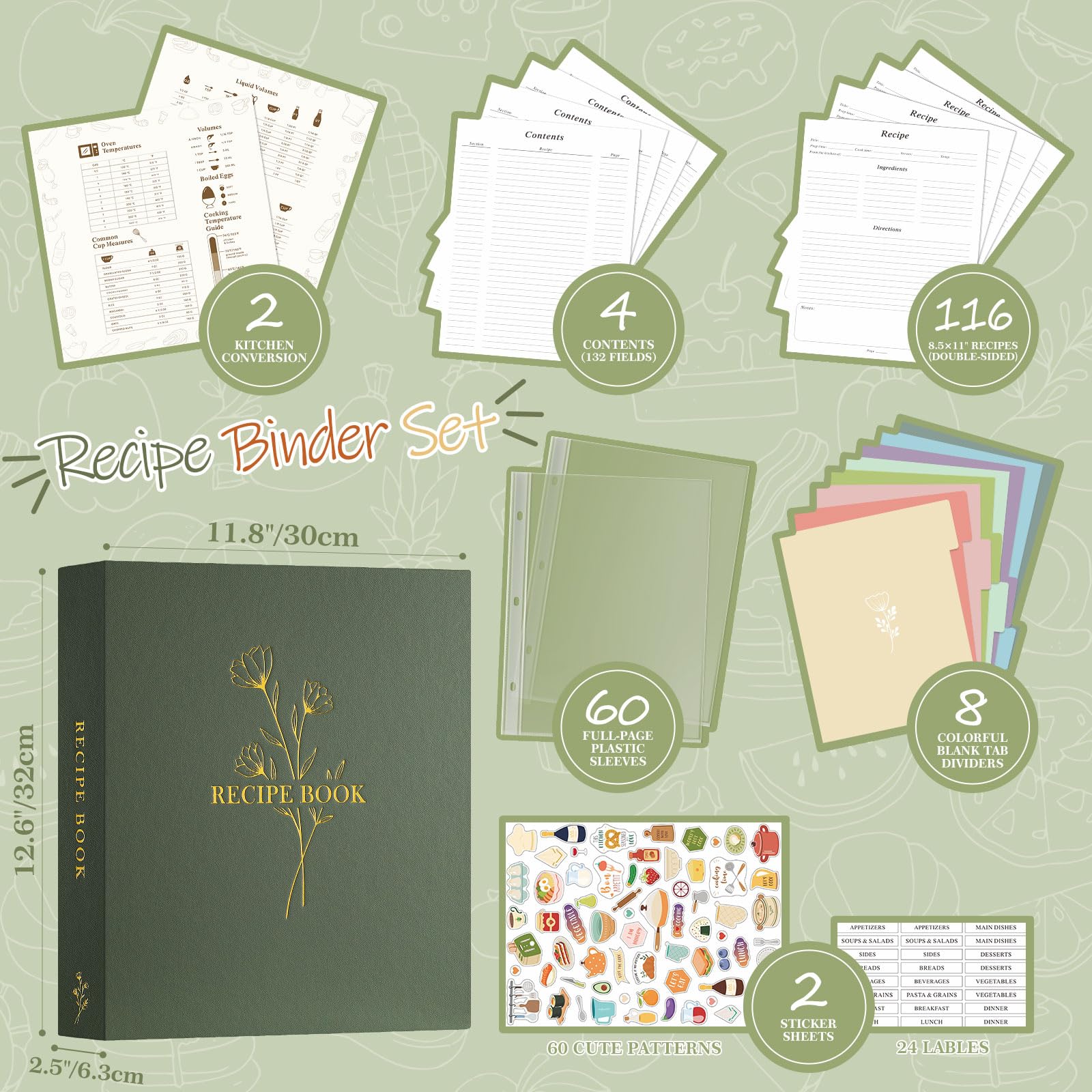 Lanpn Recipe Binder 8.5x11 3 Ring Kit, Waterproof Recipe Book Organizer Binder with 60 Plastic Sleeves,116 Recipes, Dividers,Labels & Stickers, Blank Recipe Binder to Write in Your Own Recipes, Green