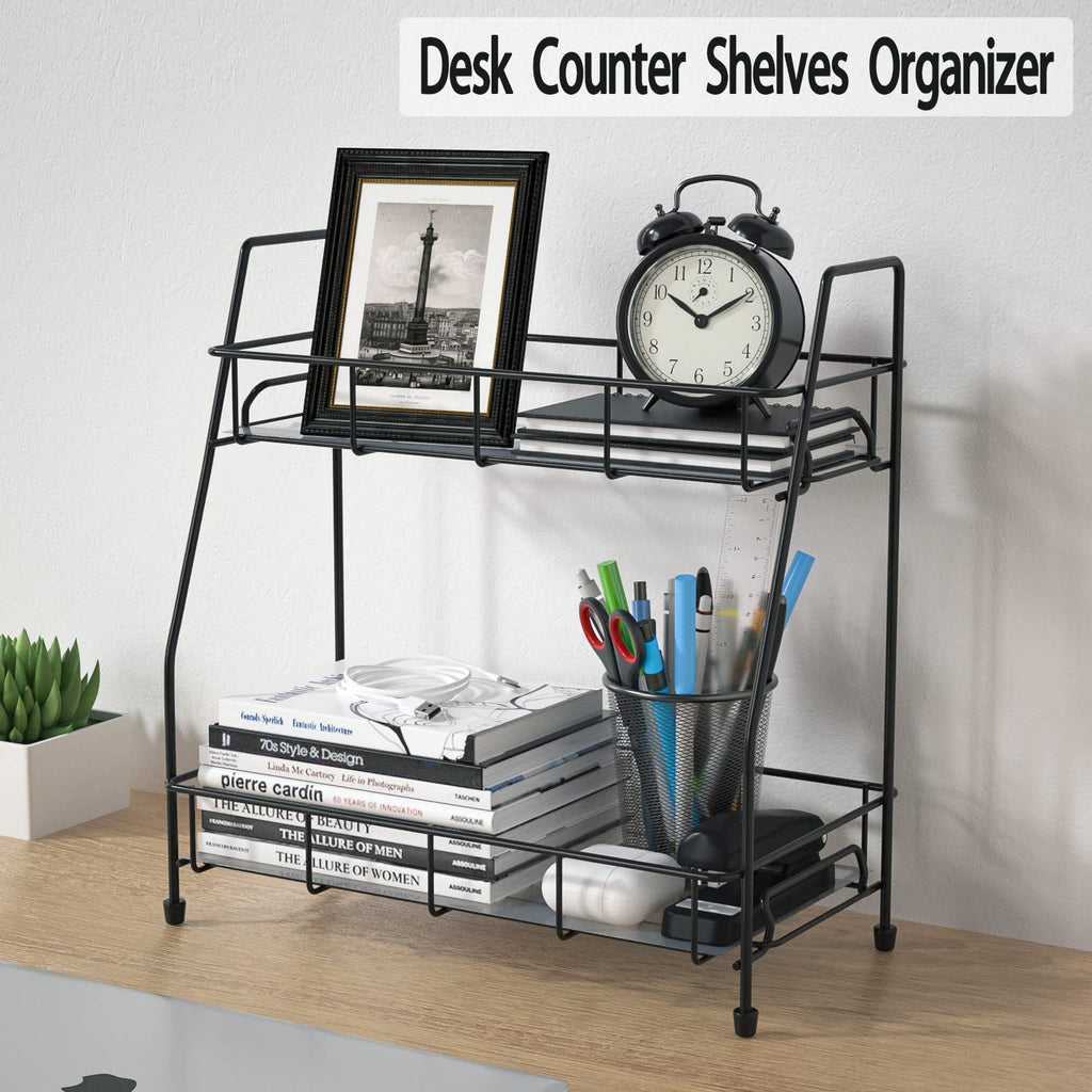 Spice Rack Organizer for Countertop Kitchen,2 Tier Bathroom Organizer Shelves Storage for Counter(Black)