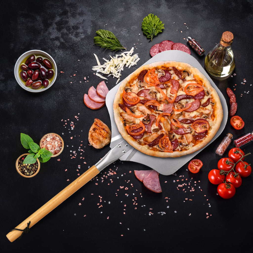 Peohud Aluminum Pizza Peel Paddle and Cutter,12" x 26" Pizza Spatula with Detachable Wooden Handle, Pizza Oven Accessories and Tools for Baking Pizza Breads, Dough, Bread, Pastry