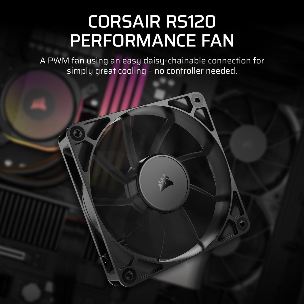 CORSAIR RS120 120mm PWM Fan – Daisy-Chain Connection – Low-Noise – Magnetic Dome Bearing – Single Pack – Black