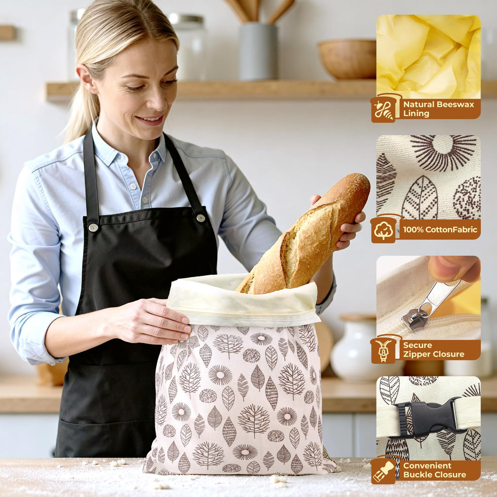 OHIYO Reusable Beeswax Bread Bags for Freezer & Refrigerator, Natural Beeswax-Lined Cotton Storage Bags Airtight Freshness Keeper for Homemade, Bakery Essentials (2 Pack)