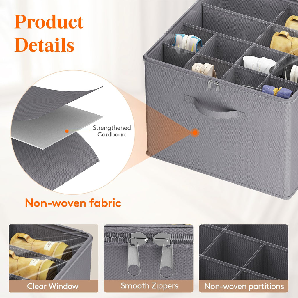 Lifewit Shoe Storage Organizer for Closet, Shoe Box Storage Containers with Clear Cover and Reinforced Handles, Large Shoe Slots Foldable Storage Bins for Boots Heels Sneakers, 2 Pack, 24 Cell, Gray