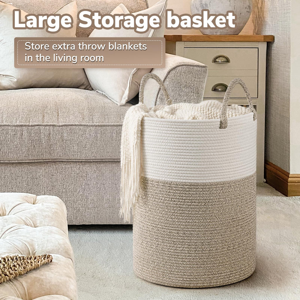 INDRESSME Large Laundry Hamper, 55L Baby Laundry Hamper for Toys, Tall Woven Laundry Basket for Clothes, Blanket Storage Basket for Living Room, 19.7 x 13.8 inches, Light & Brown