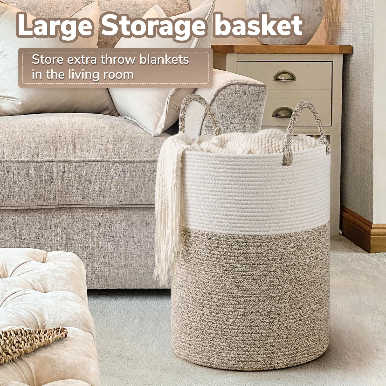 INDRESSME Large Laundry Hamper, 55L Baby Laundry Hamper for Toys, Tall Woven Laundry Basket for Clothes, Blanket Storage Basket for Living Room, 19.7 x 13.8 inches, Light & Brown