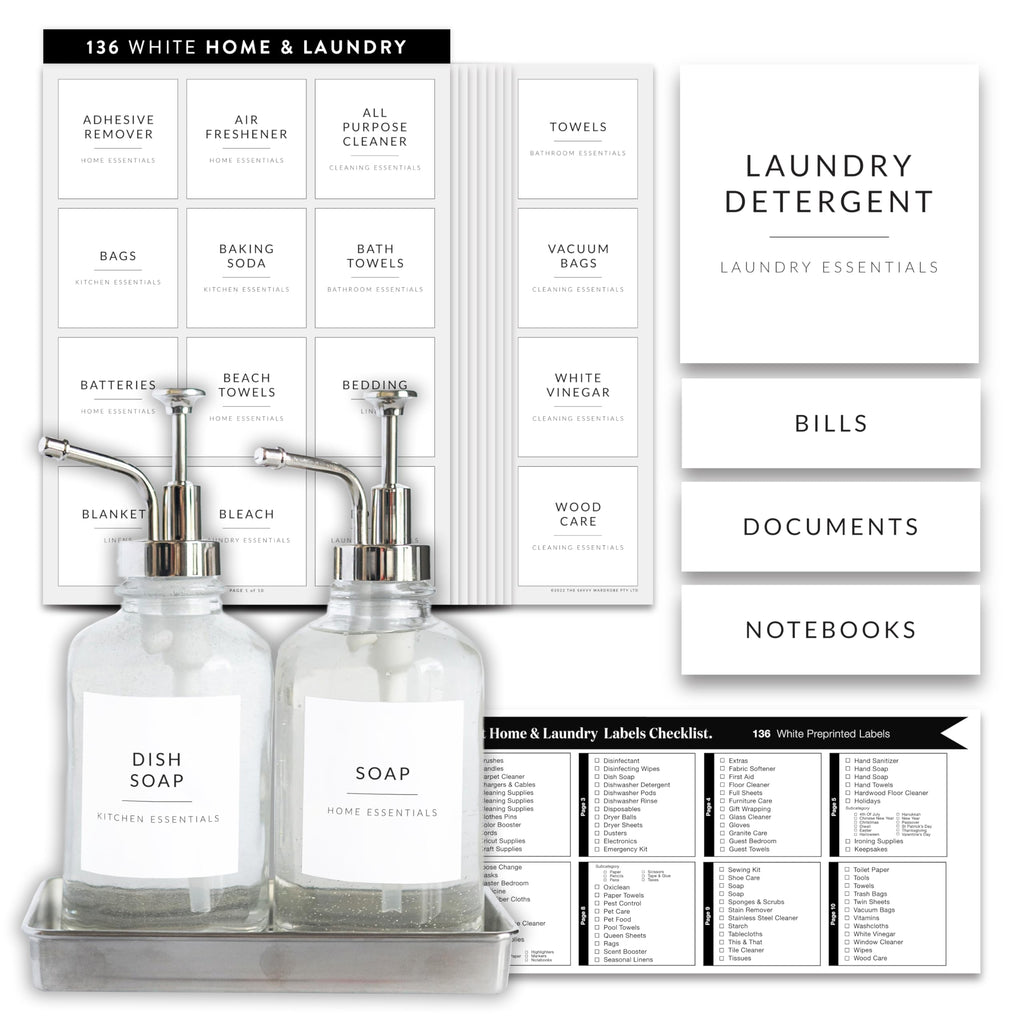 Laundry Labels for Jars, 136 Preprinted Home and Laundry Label Stickers for Storage Bins, Cleaning Jars, Spray Bottles, Linen Closet, Household Organization