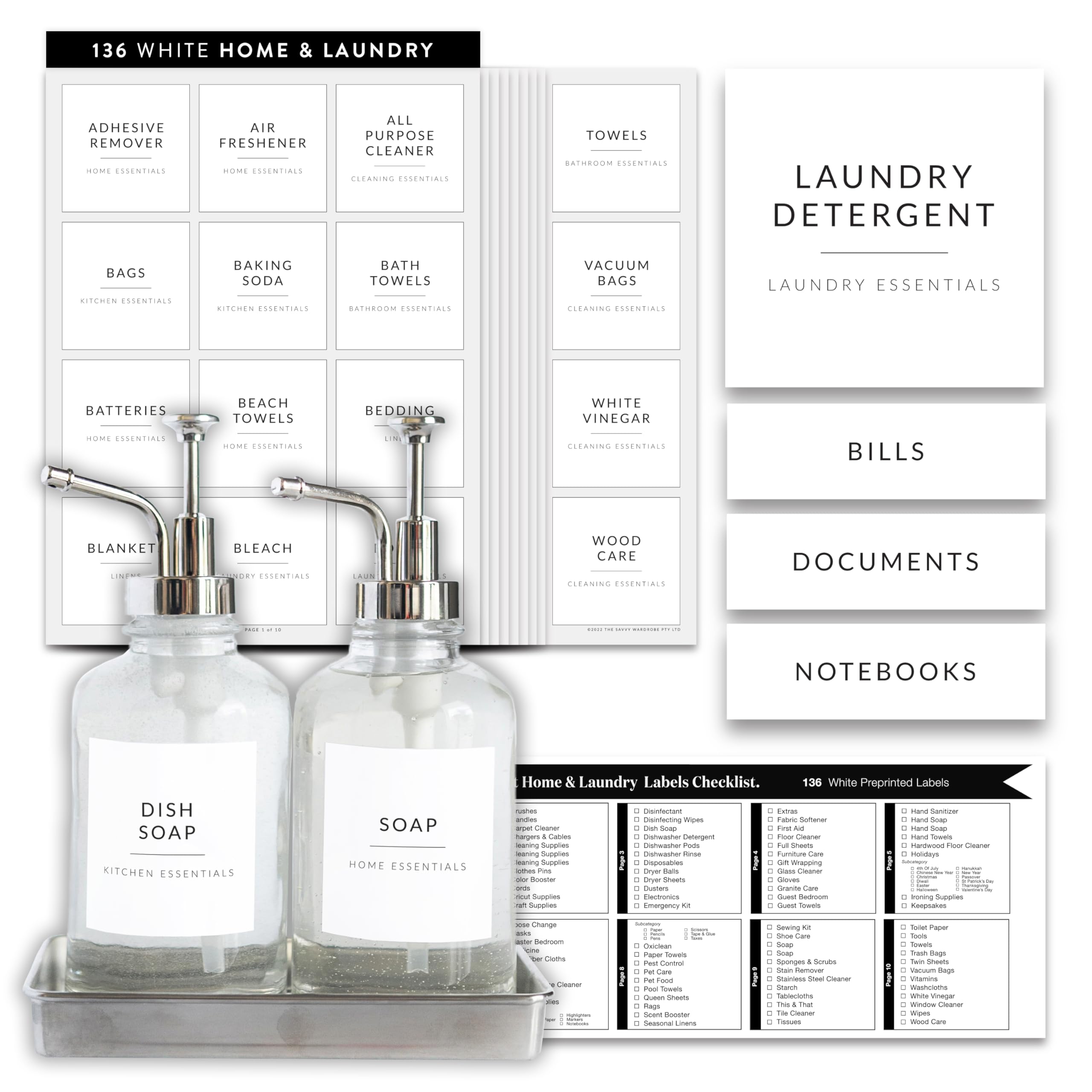 Laundry Labels for Jars, 136 Preprinted Home and Laundry Label Stickers for Storage Bins, Cleaning Jars, Spray Bottles, Linen Closet, Household Organization