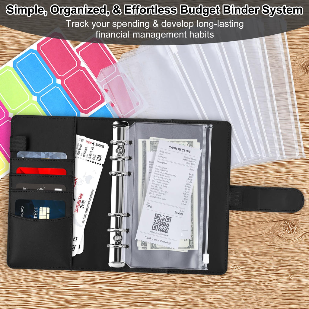 Antner Budget Binder with Zipper Cash Envelopes for Budgeting, A6 Money Saving Organizer, Black