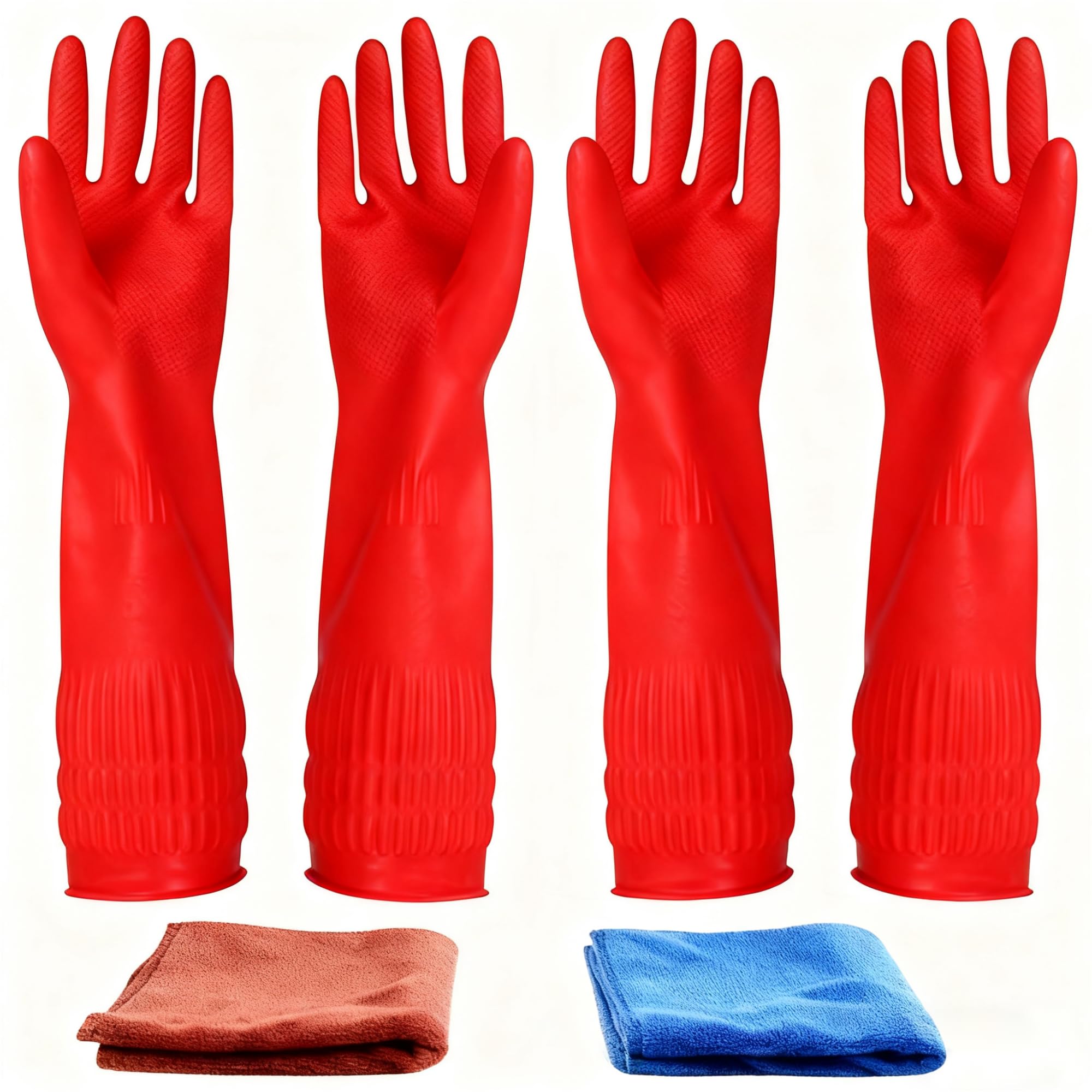 YSLON Rubber Cleaning Gloves Kitchen Dishwashing Glove 2-Pairs And Cleaning Cloth 2-Pack,Waterproof Reuseable.(Medium)