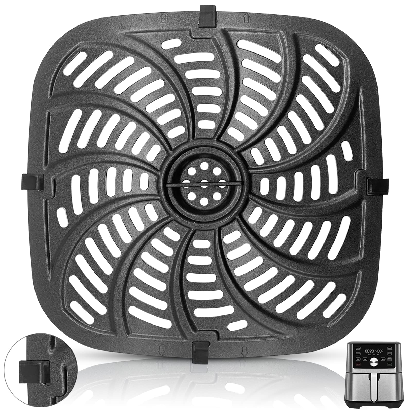 Air Fryer Grill Pan for Chefman TurboTouch Easy View Air Fryer 8 QT, Food Grade Non-Stick Air Fryer Accessories Replacement Tray Rack Parts Grill Crisper Plate with Rubber Bumpers, Dishwasher Safe