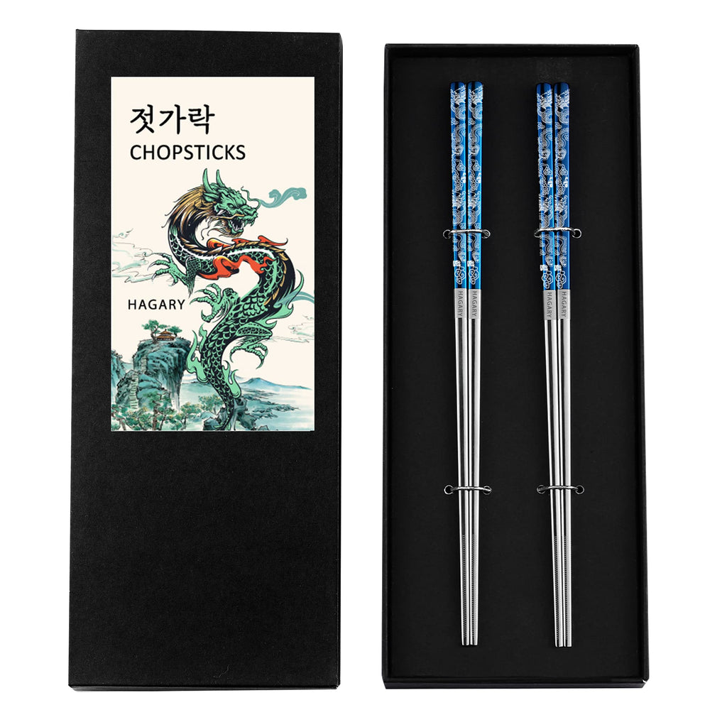 Hagary Dragon Chopsticks Metal Reusable Designed In Korea Japanese Style Stainless Steel 316 18/10 Non-Slip Dishwasher Safe Laser Etched (Blue - 2 Pairs)