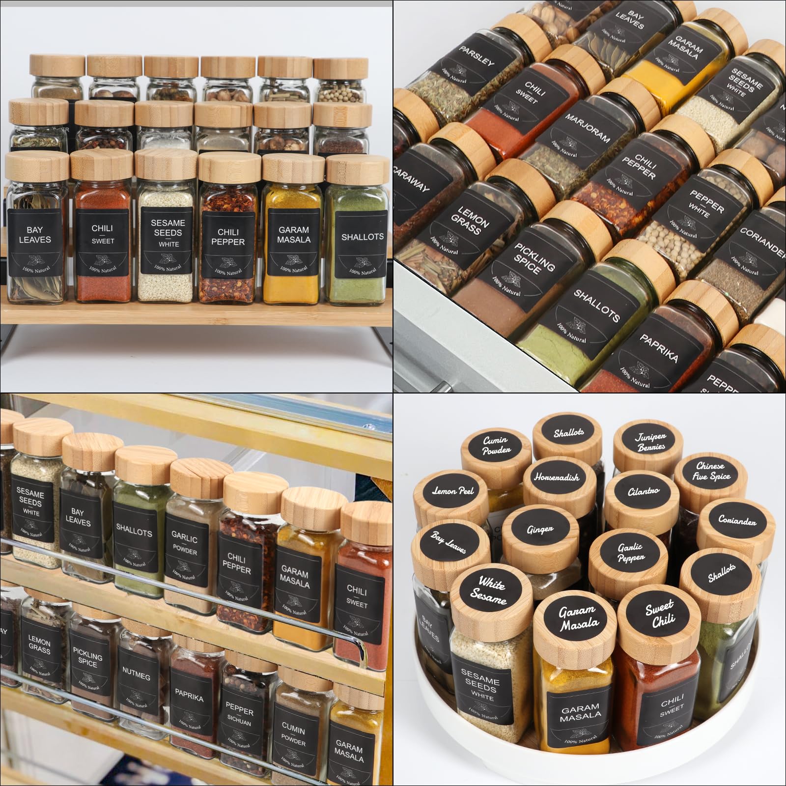 4oz Spice Jars with Bamboo Lids, 16pcs Glass Spice Jars with Labels, Shaker Lids, Funnel, Chalk Pen and Brush