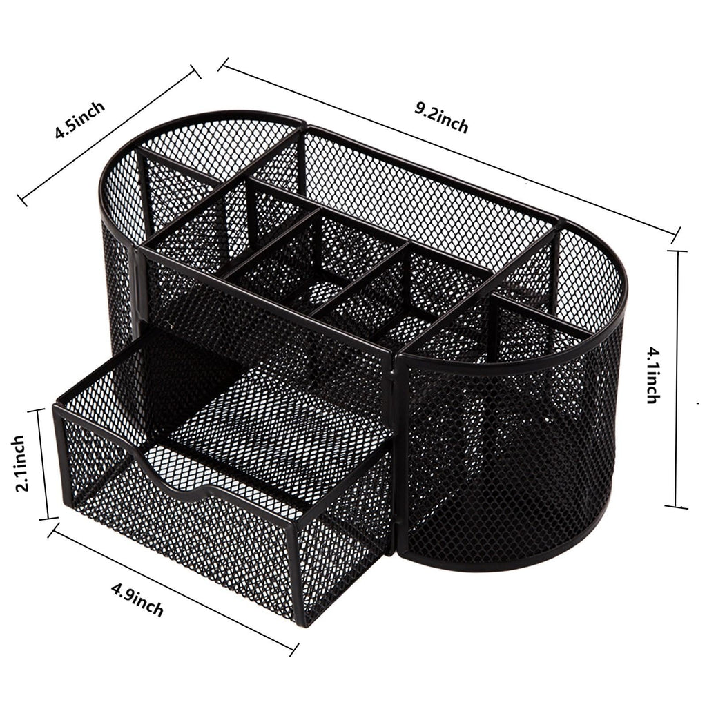 Comix Pen Holder, Mesh Desk Organizers with 8 Compartments and 1 Drawer, Oval Shaped Pencil Holder for Home School Office Supplies