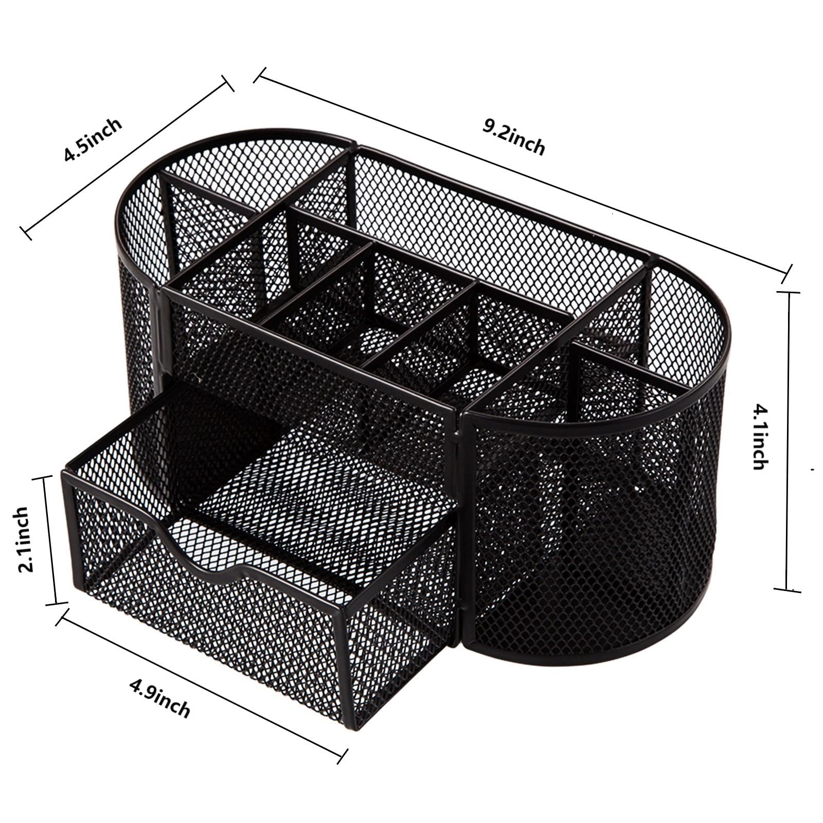 Comix Pen Holder, Mesh Desk Organizers with 8 Compartments and 1 Drawer, Oval Shaped Pencil Holder for Home School Office Supplies