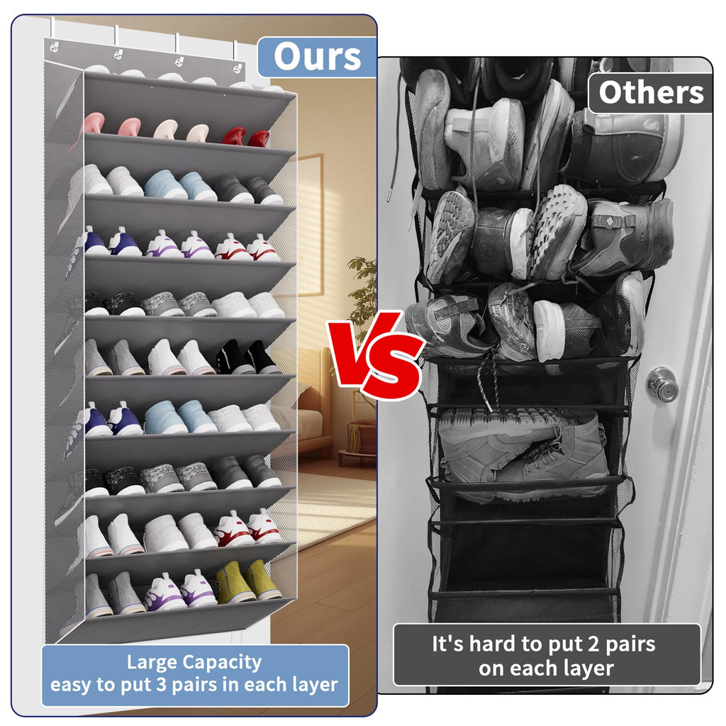TAHAVICE 10-Tier Large Size Over The Door Shoe Organizer, Holds 30 PairsHanging Shoe Rack with Deep Pockets for Closet, Space-Saving Storage for Sneakers, Boots (Grey)
