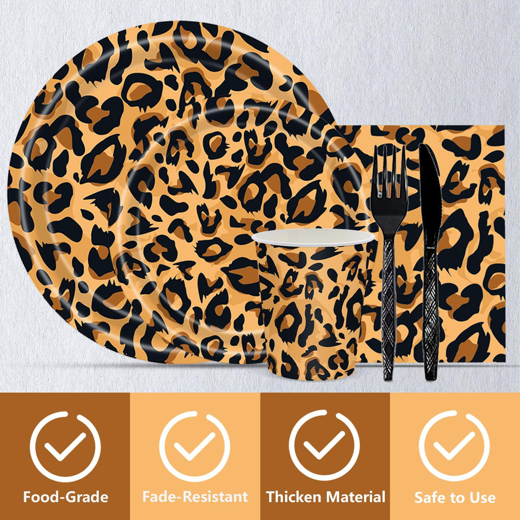 Poqirzan 144PCS Leopard Print Party Supplies Cheetah Print Party Tableware Set Paper Plates Napkins Cups Cutlery for Birthday Shower Baby Shower Jungle Safari Theme Party Decorations Serve 24
