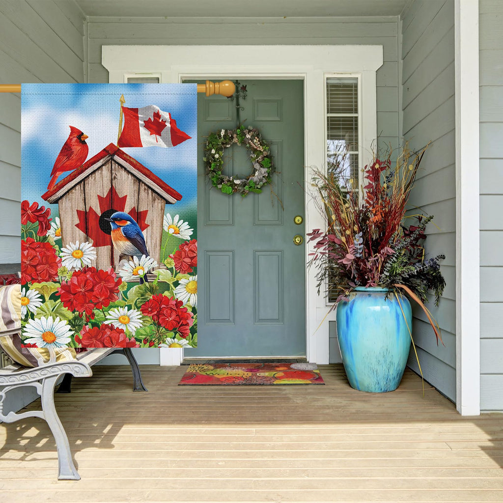 Louise Maelys Canada Day Garden Flag 28x40 Double Sided, Burlap Small Patriotic Bird House Floral Welcome Patriotic Canadian Outside Outdoor Yard Porch Lawn Decor (Only Flag)