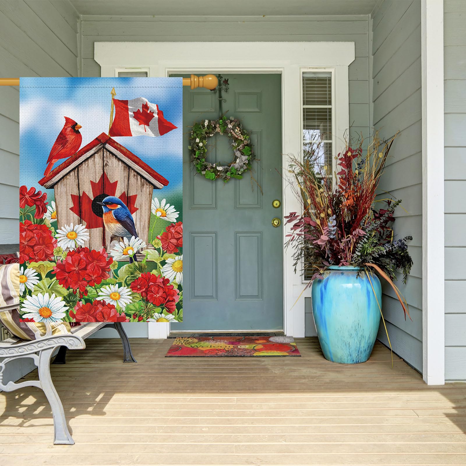 Louise Maelys Canada Day Garden Flag 28x40 Double Sided, Burlap Small Patriotic Bird House Floral Welcome Patriotic Canadian Outside Outdoor Yard Porch Lawn Decor (Only Flag)