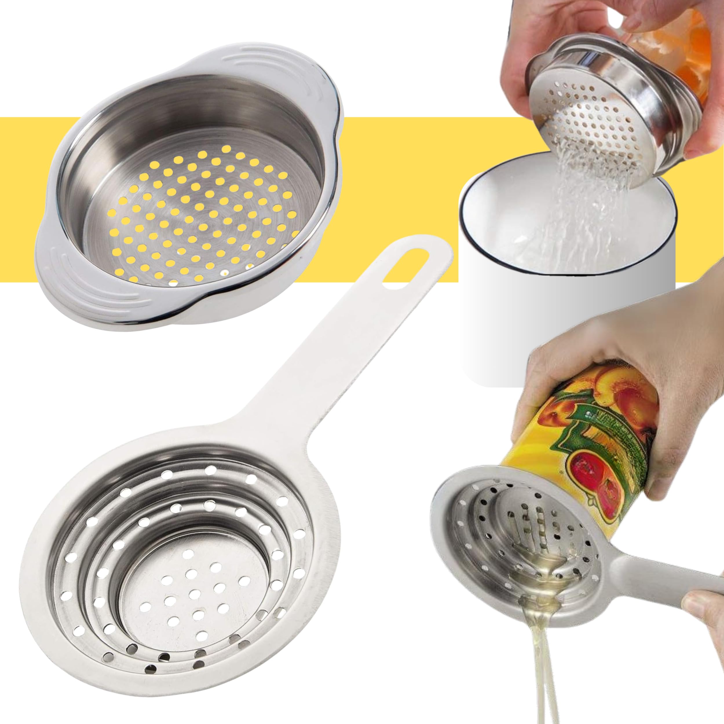 Pack of 2 Universal Can Colanders – Multipurpose Food Grade Stainless Colander with Handle for Large and Small Cans Vegetable Fruit Tuna Fish Can Strainer Small Colander Stainless Steel Colander Set