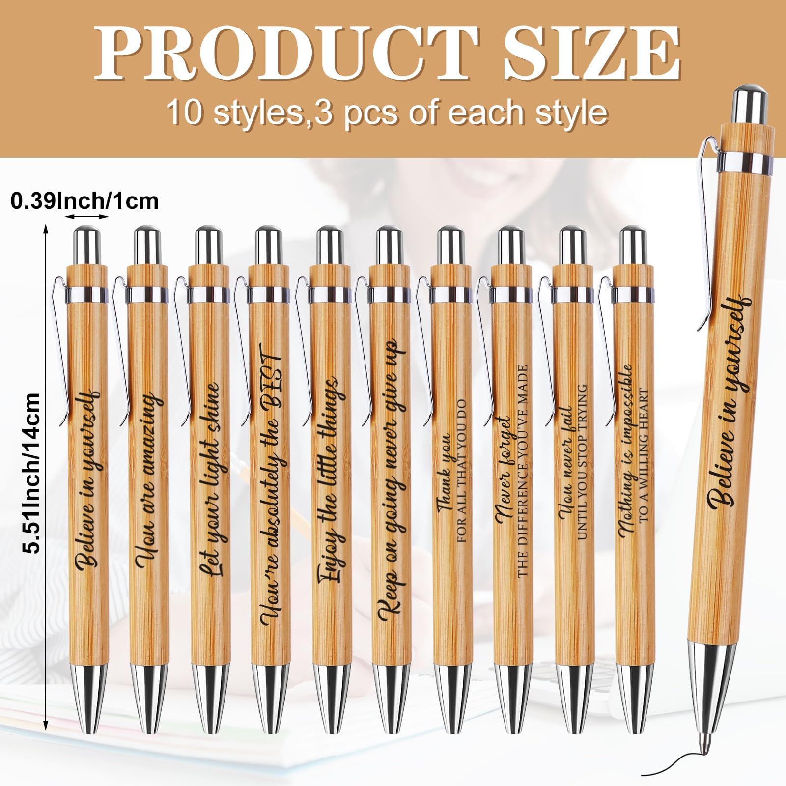 30 Pcs Inspirational Ballpoint Pens with Inspirational Quotes Stylus Bulk Motivational Bamboo Wooden Pen Thank You Pens Black Ink Gel Pens for Home Office School Supplies
