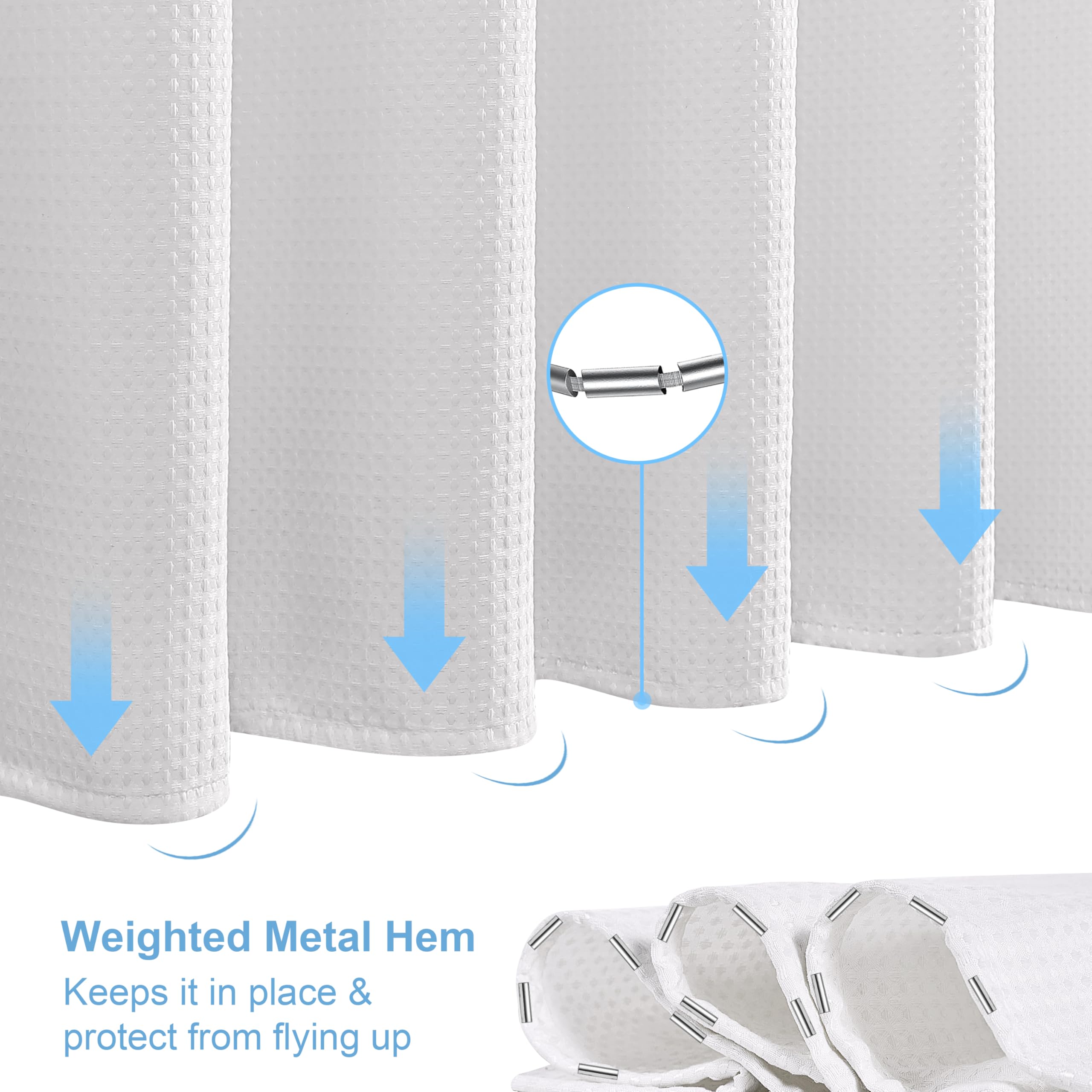 Waffle Weave Shower Curtain with Stainless Steel Hooks - 256 GSM Heavy Duty Fabric Bath Curtains, Hotel Luxury Quality, Water Resistant, Machine Washable, Weighted Hem, 72 x 72 Inches (White)