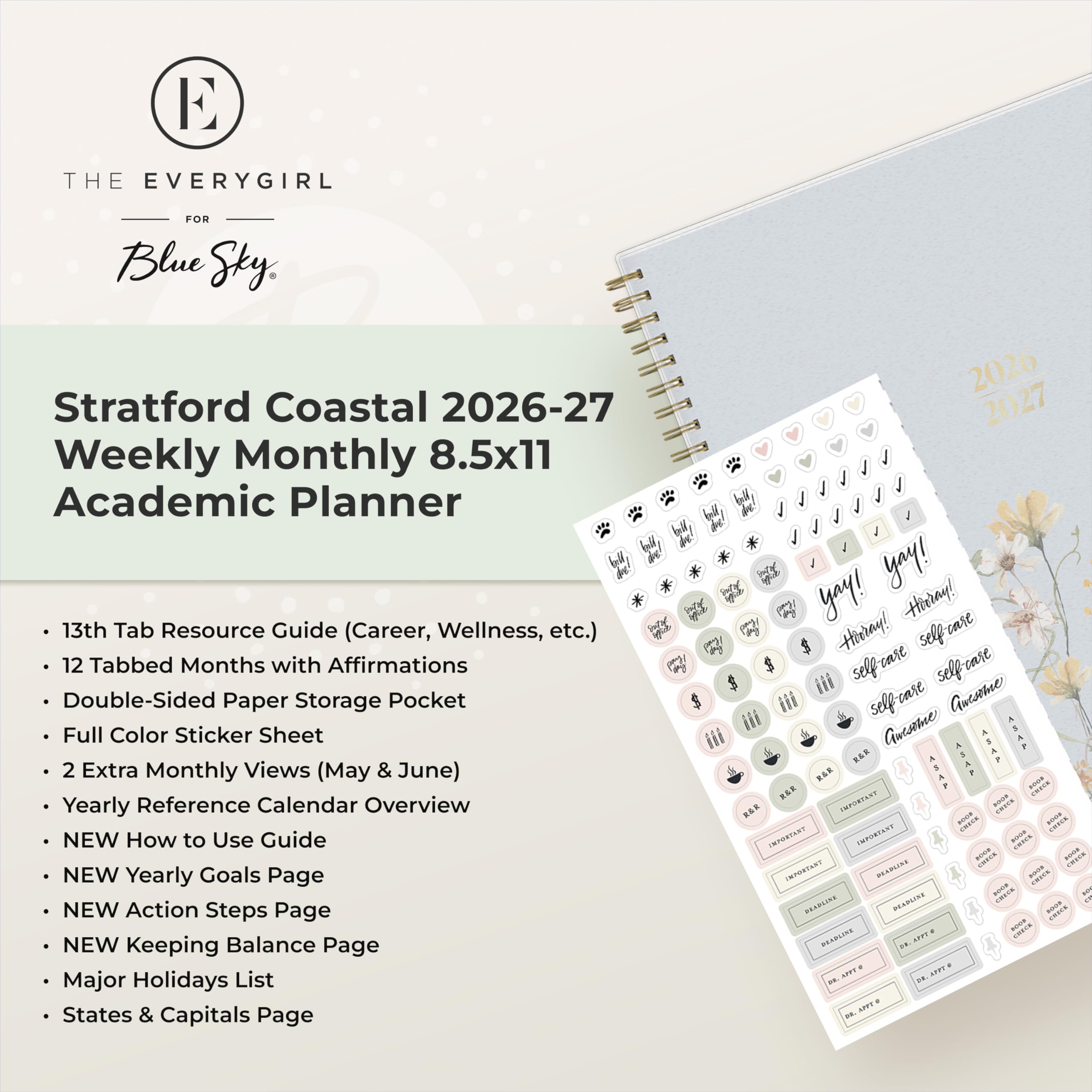 Blue Sky The Everygirl Weekly and Monthly Academic Year Planner Calendar, Flexible Cover, Wirebound, Laminated Tabs, Storage Pocket, Includes Stickers, Stratford Coastal (Stratford Coastal- 2026/2027